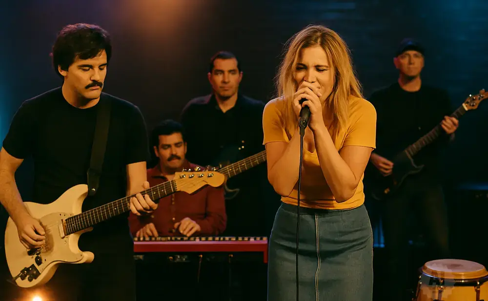 A band performs on stage with a female singer in the foreground and male musicians playing guitars and keyboards behind her.
