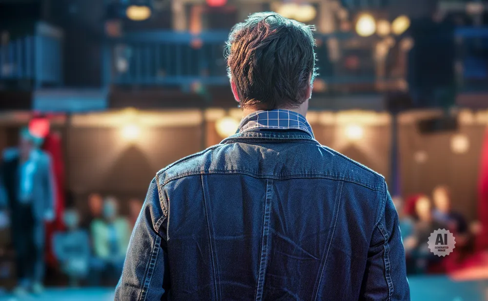 Back view of a person in a denim jacket facing a blurred audience in a venue.