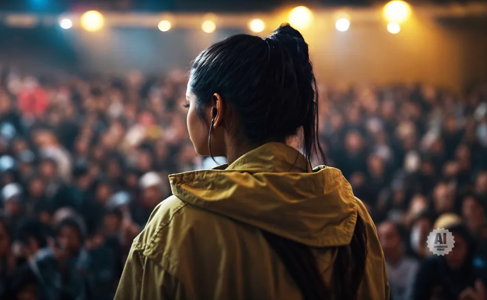 Woman on stage facing a blurred crowd, with bright lights overhead.