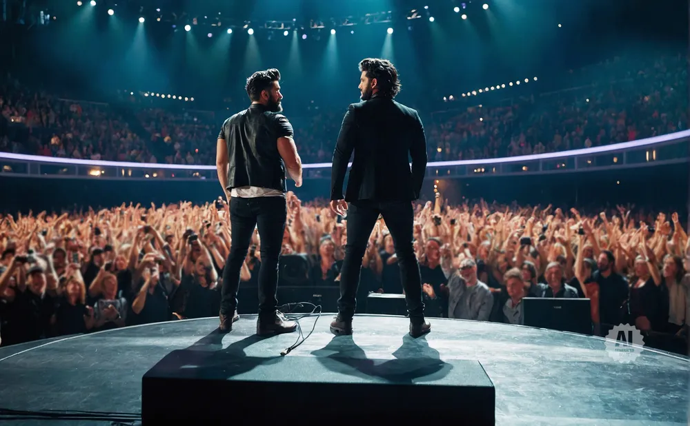 Two men on stage facing a cheering crowd in a concert venue.