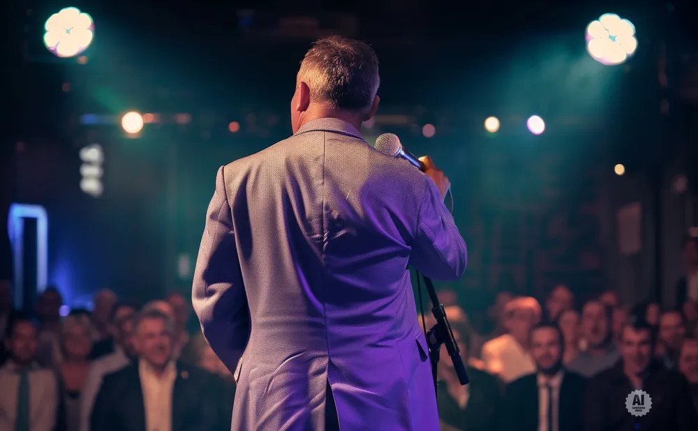 A man in a suit holds a microphone on stage, facing away from the camera, with an audience blurred in the background.