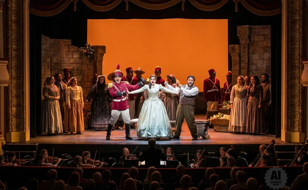 Opera singers perform on stage with an orchestra and audience below.