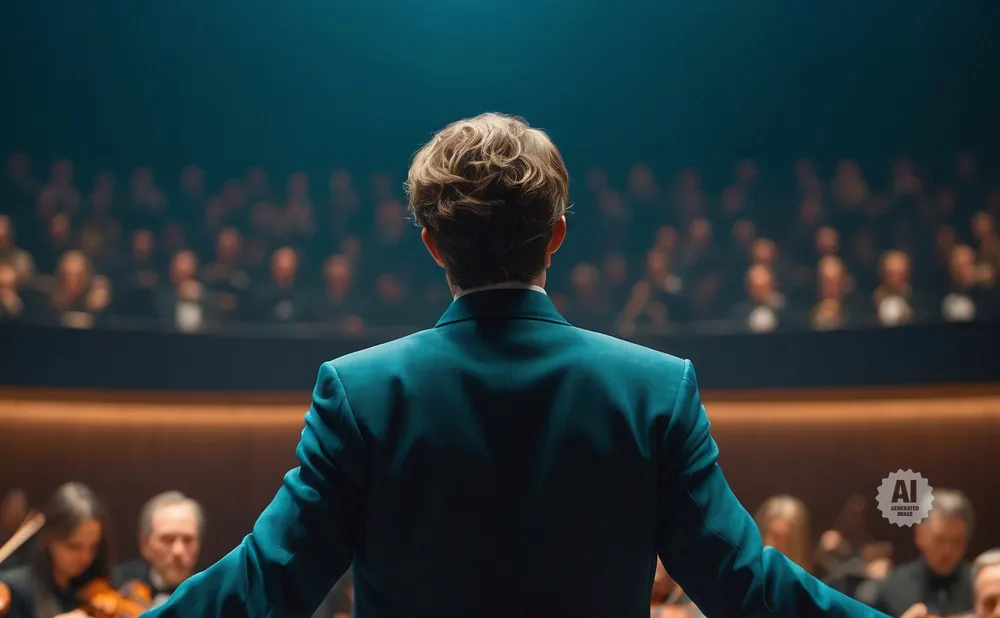 Conductor in a teal jacket facing an orchestra and audience, with arms outstretched.