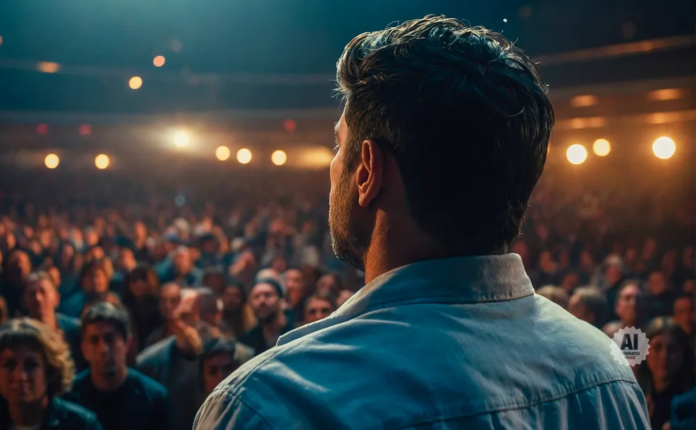 Man in a blue shirt facing away from the camera, looking at a large audience.