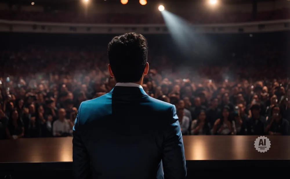 Man in a blue suit on stage facing a cheering crowd under a spotlight.