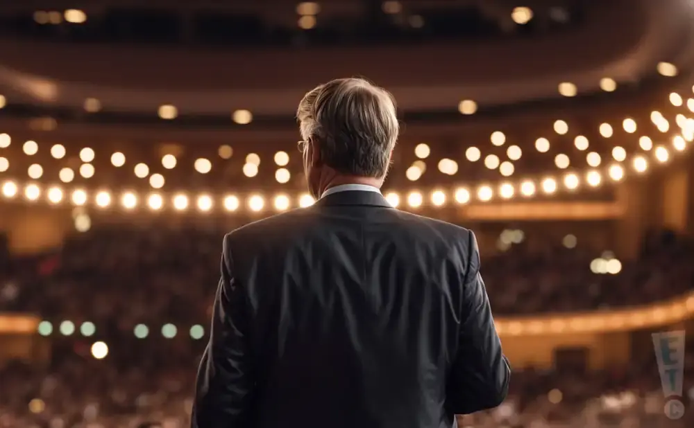 A man in a suit stands with his back to the camera, facing an audience in a brightly lit theater.
