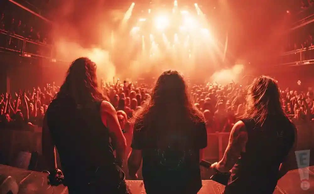 Three long-haired musicians on stage face a cheering crowd under bright red stage lights.