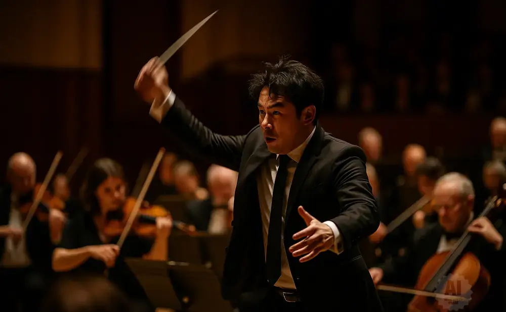 A conductor leads an orchestra, gesturing with a baton while musicians play their instruments in the background.