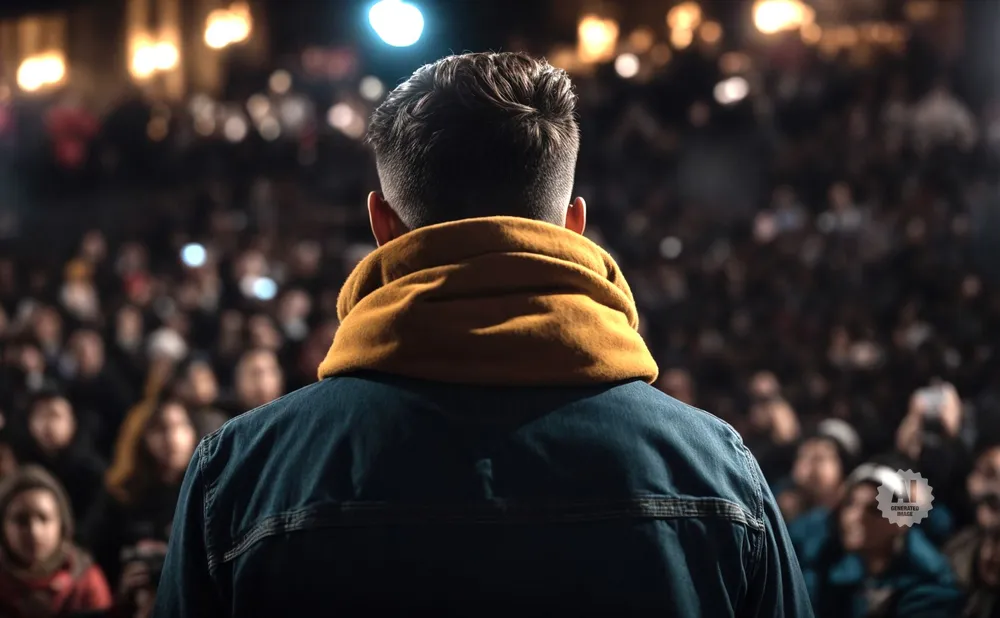 Man in denim jacket and yellow scarf facing a crowd at night.