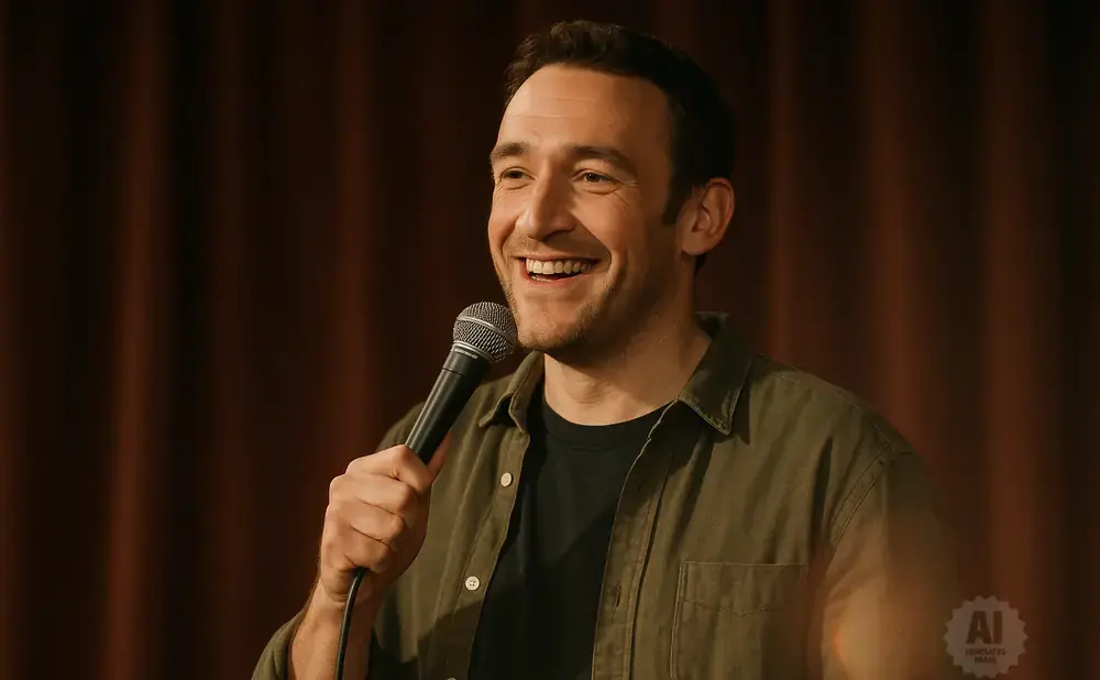A man in a green shirt laughs into a microphone on a stage with brown curtains.