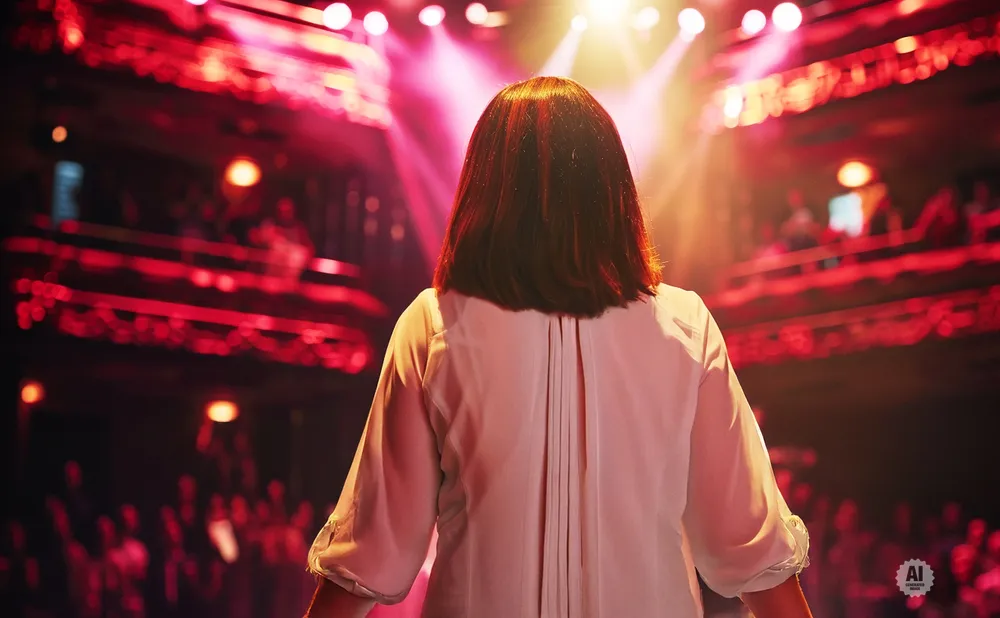 Back view of a person on stage, facing a brightly lit audience.