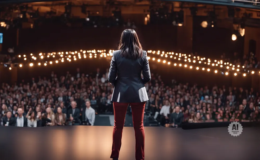A woman in a dark suit and red pants speaks to a large, seated audience under strings of warm lights.