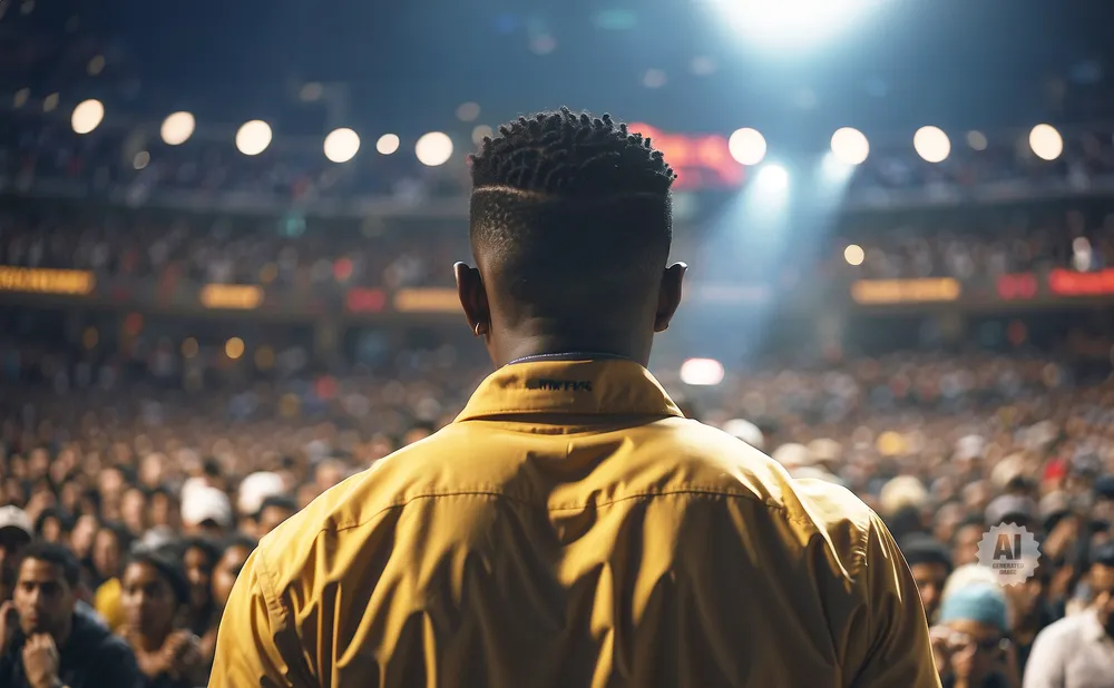 Man in yellow shirt facing a large, blurred crowd with bright lights above.