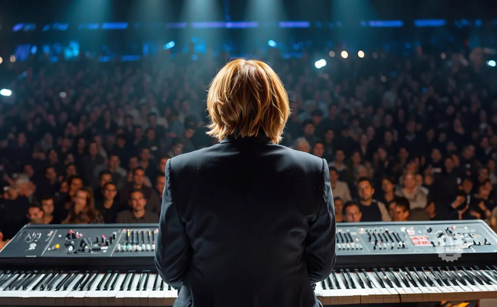 Person in a black jacket plays a keyboard for a large, blurred audience under stage lights.