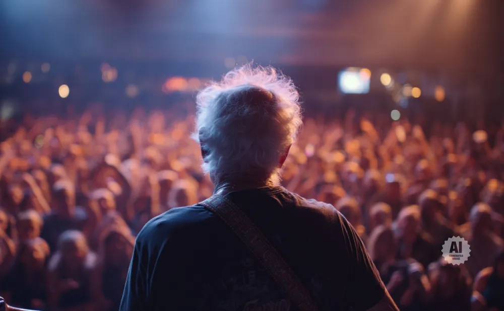 An elderly musician with white, fluffy hair performs on stage for a large, cheering crowd at a concert.