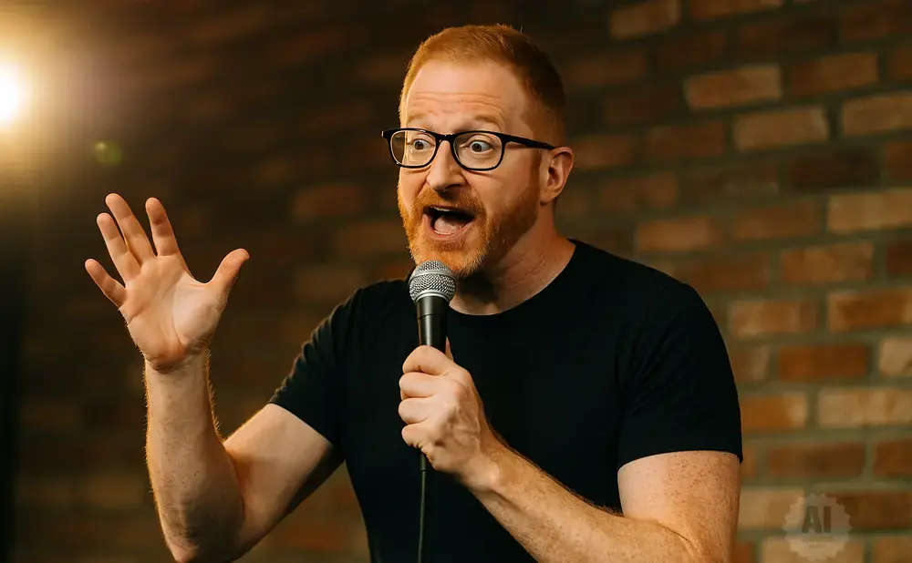 A redheaded man with glasses and a beard, holding a microphone and gesturing with his hand.