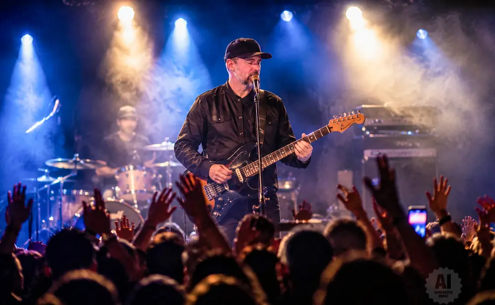 A man in a black baseball cap plays an electric guitar and sings into a microphone on a smoky stage with bright lights.