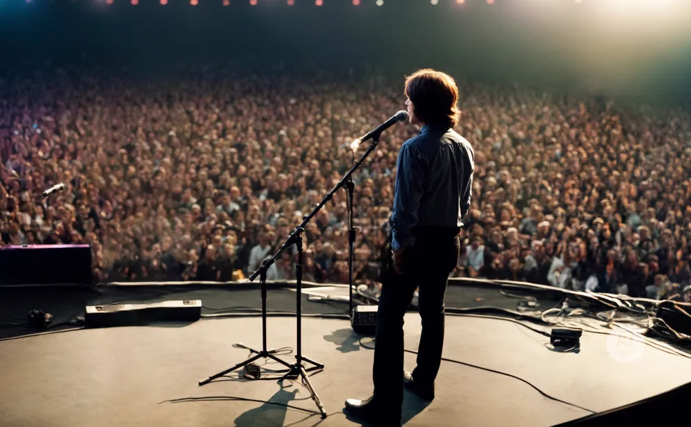 A person stands on stage in front of a large, cheering crowd, speaking into a microphone.