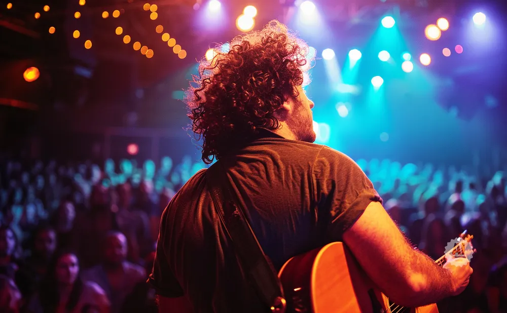 A musician with curly hair plays guitar on stage to a cheering crowd.