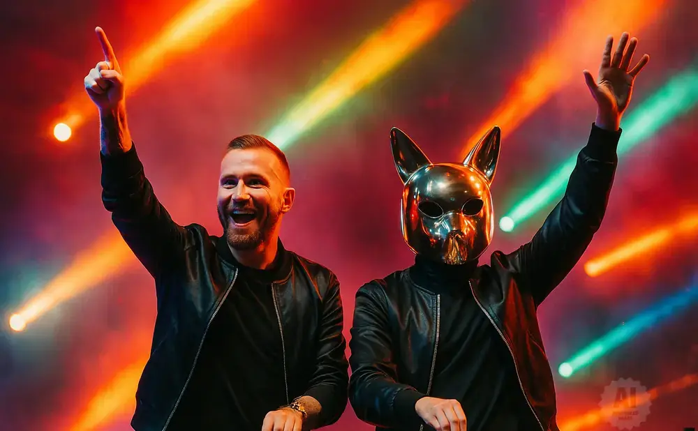 Two DJs, one with a metal dog mask, perform under colorful stage lights.