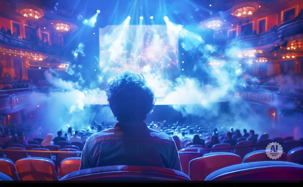 A person in a denim shirt watches a performance with smoke and bright lights on a large screen in a theater.