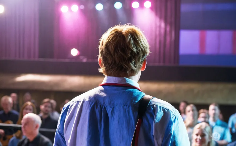 A young person faces away from the camera, looking towards a stage lit with pink and purple lights, with an audience in the foreground.