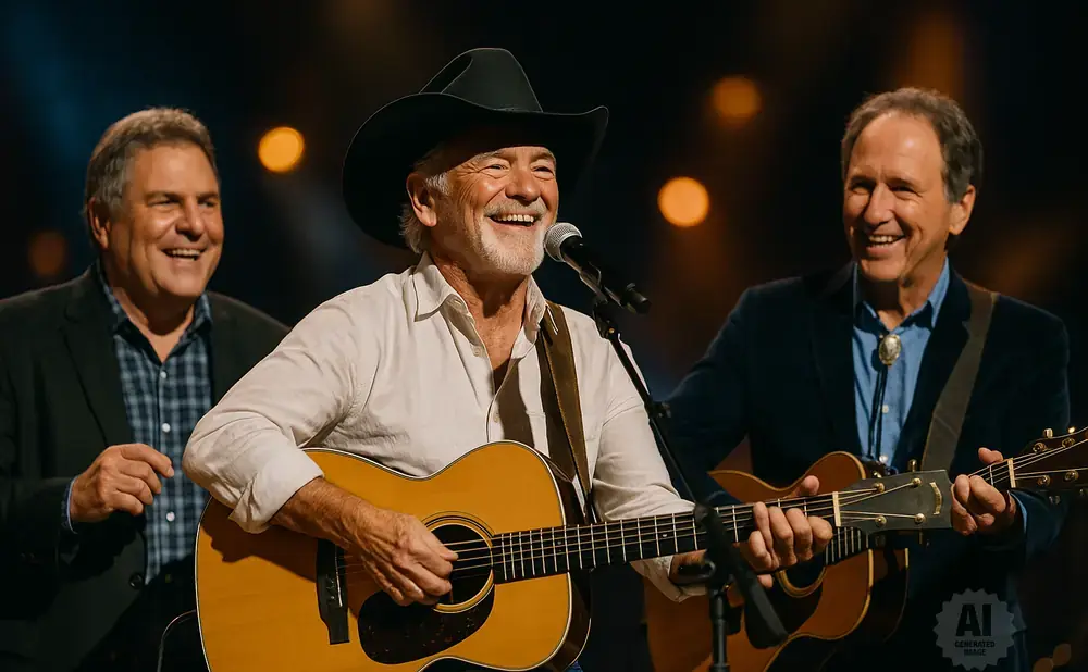 Three men in cowboy hats and suits play acoustic guitars on stage.