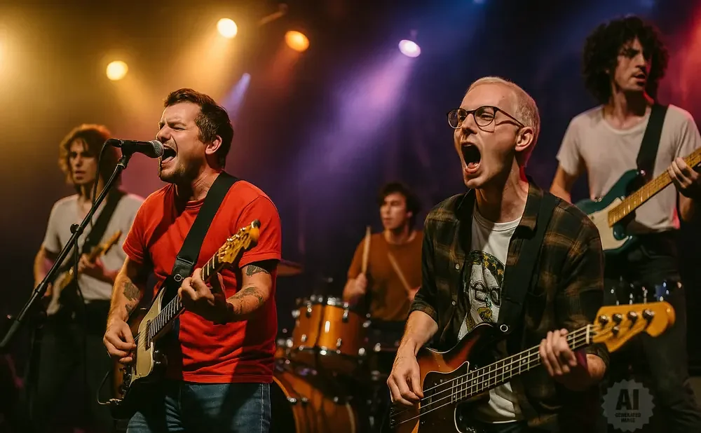 A band performs on stage, with singers and guitarists in the foreground and a drummer in the background.