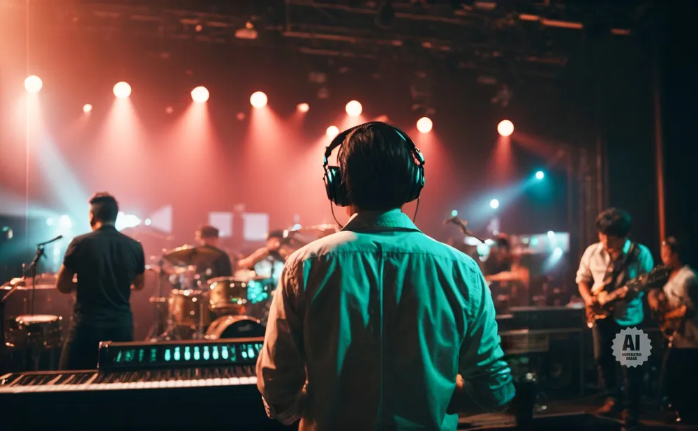 A band performs on a stage with red and blue lights, a person with headphones is in the foreground.