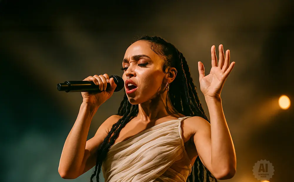 Singer FKA twigs performs on stage, holding a microphone and gesturing with her other hand.
