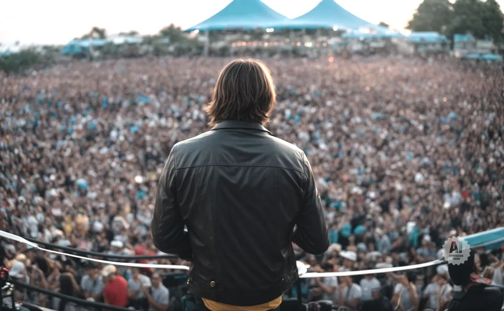 A person in a black leather jacket stands with their back to the camera, facing a large crowd at an outdoor concert.