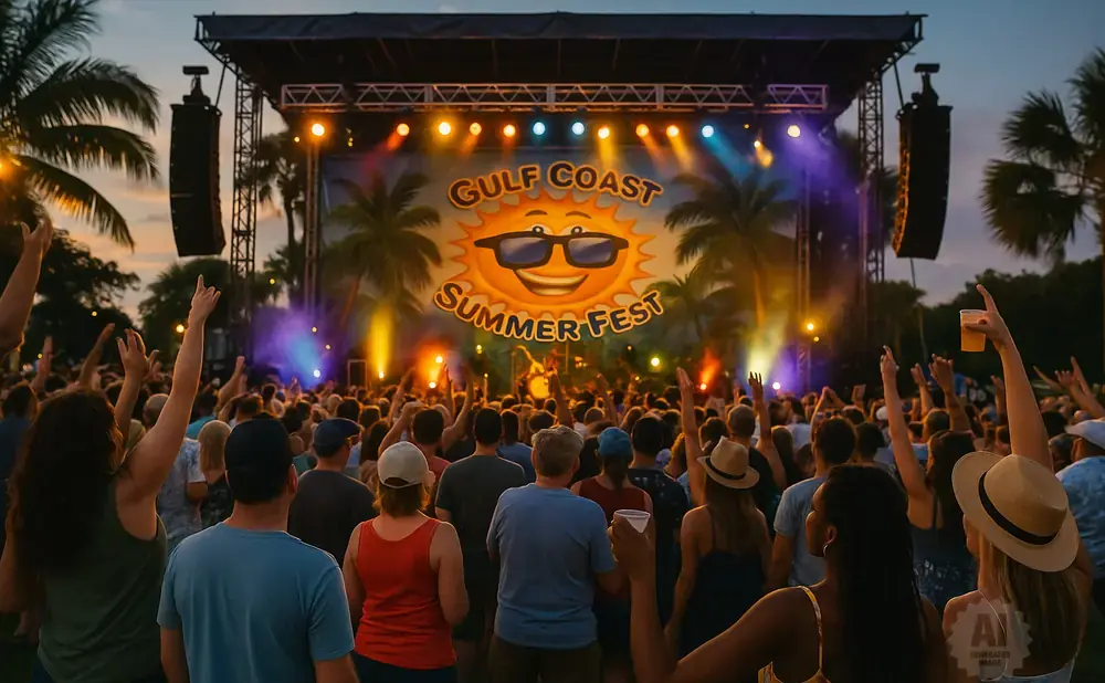 A crowd enjoys an outdoor concert at Gulf Coast Summer Fest, with a stage and palm trees lit by stage lights.