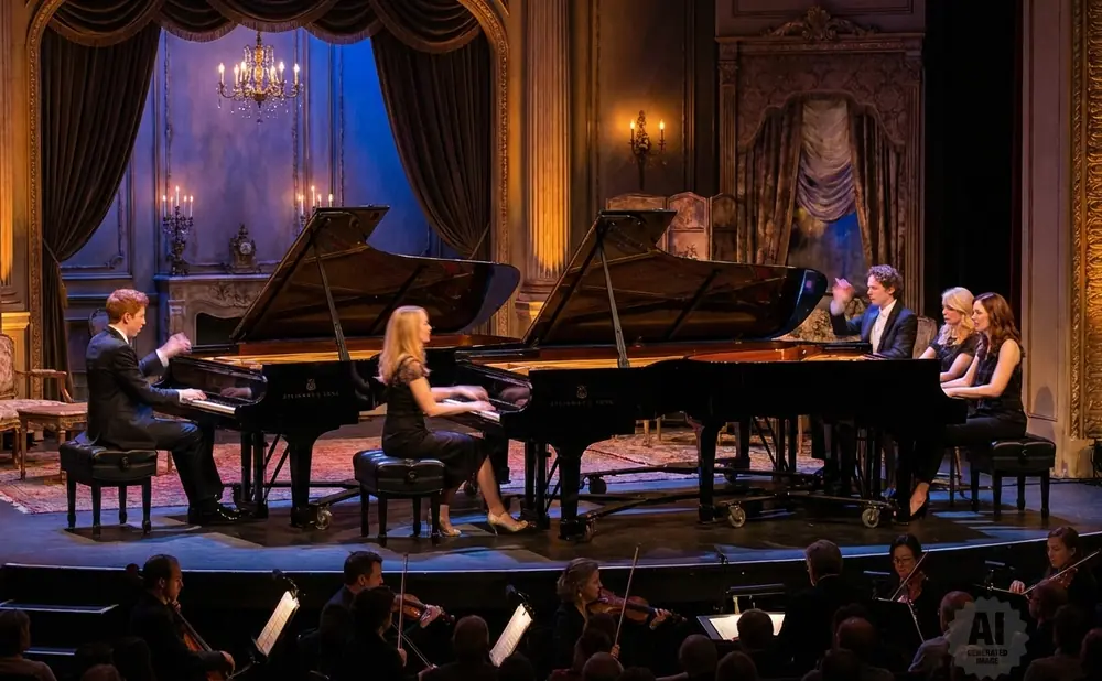A classical piano ensemble performs on a stage with grand pianos and an orchestra.