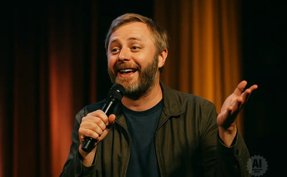 A man with a beard holds a microphone and gestures with his left hand while speaking.