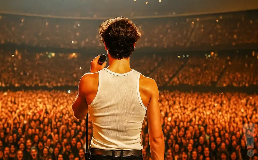 A performer in a white tank top sings into a microphone on stage, facing a large, cheering crowd.