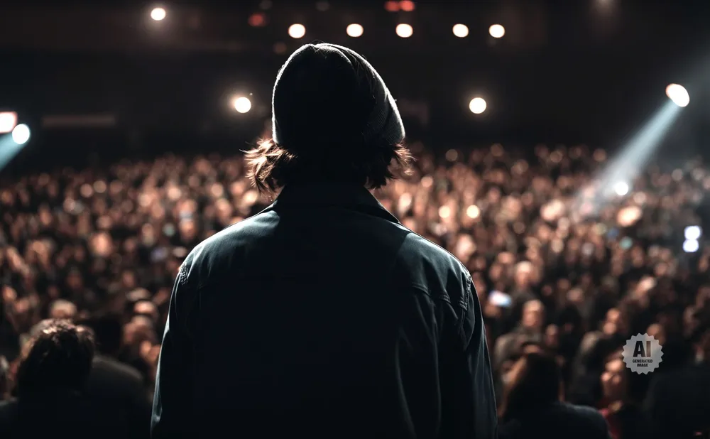 A person in a beanie faces a large, blurred audience in a dimly lit venue.