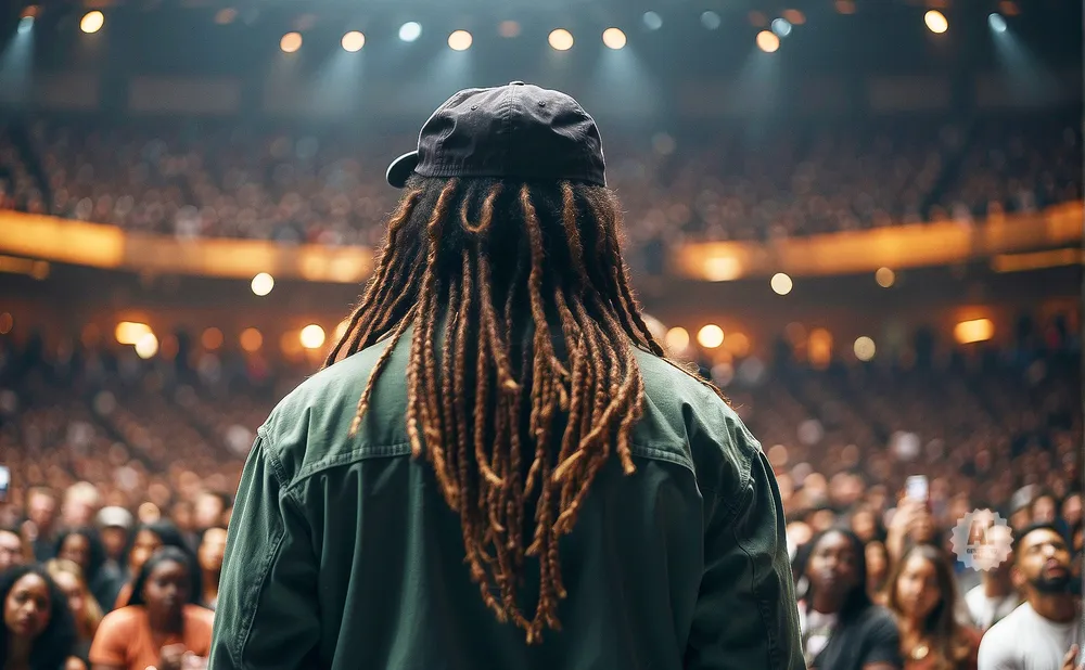 Back view of a person with dreadlocks wearing a baseball cap and green jacket, facing a large audience in a concert hall.