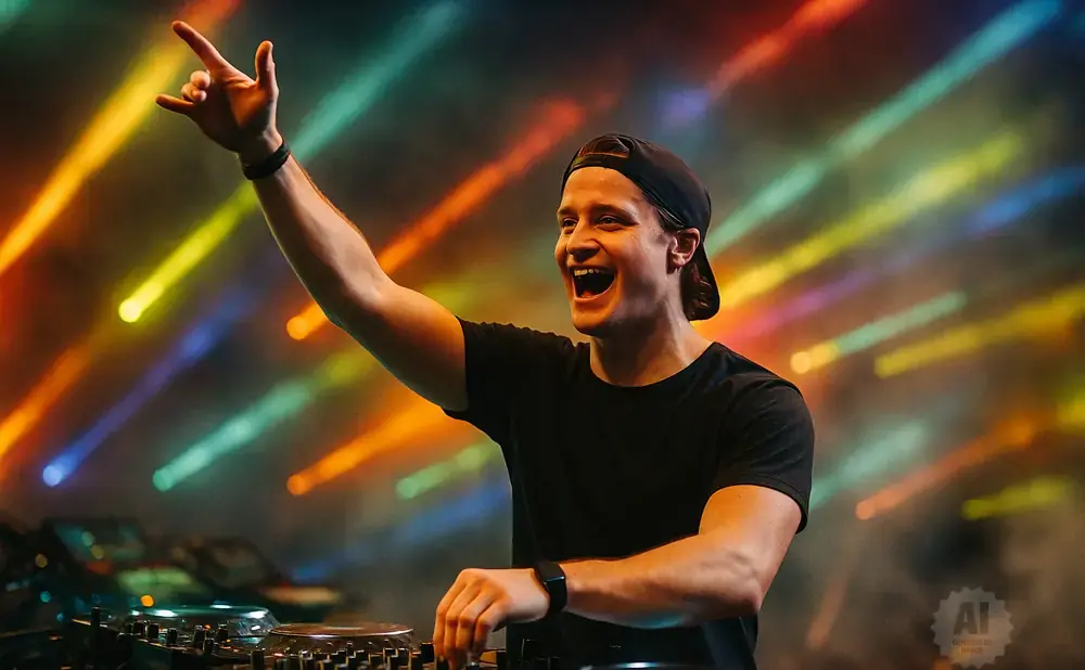 DJ with hands in the air and a smile behind a DJ booth, with colorful stage lights in the background.