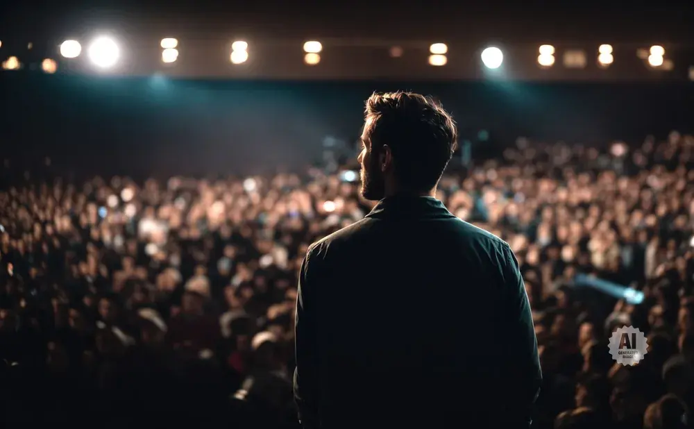 Man on stage facing a large, blurred audience under stage lights.