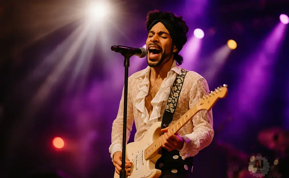 A male singer in a ruffled white shirt and black turban plays a white electric guitar on stage under purple spotlights.