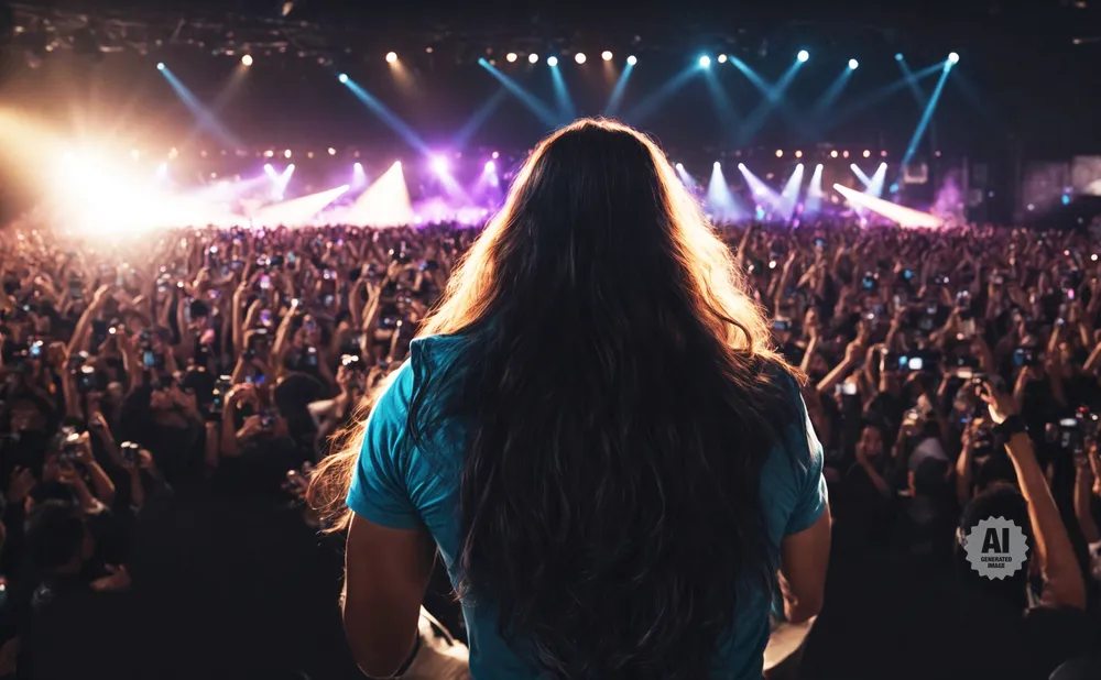 A person with long hair stands facing a crowd at a concert, with stage lights illuminating the scene.