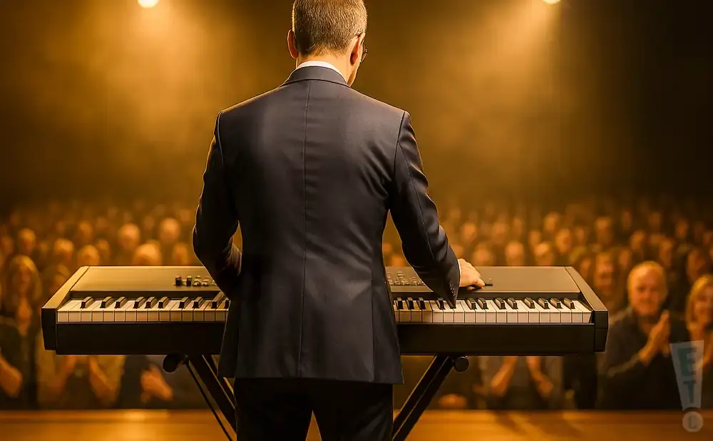 Man in a suit playing a keyboard on stage in front of an audience.