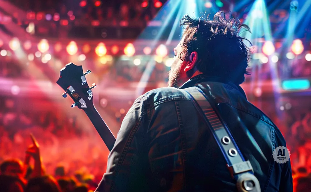 A guitarist plays on a brightly lit stage, facing away from the camera towards a cheering crowd.