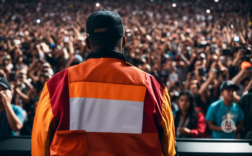 Back of a person in an orange and red jacket and black baseball cap facing a large, blurred crowd.
