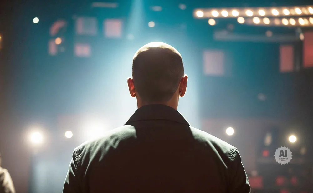 Back of a bald man in a jacket facing a stage with bright lights and fog.
