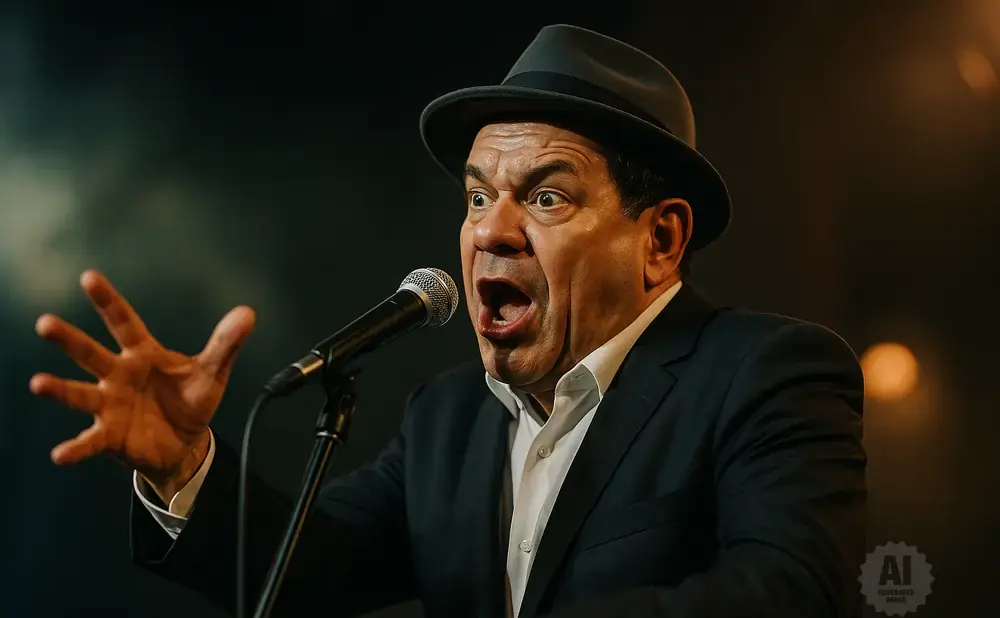 A man in a fedora and suit sings intensely into a microphone, his hand gesturing outward.