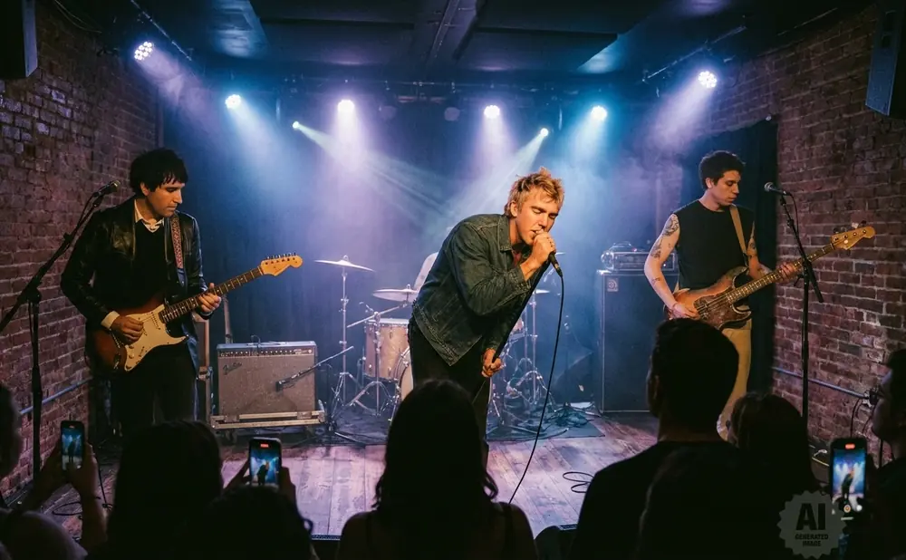 A band performs on a brick stage with spotlights, a singer in the center, a guitarist to the left, and a bassist to the right.