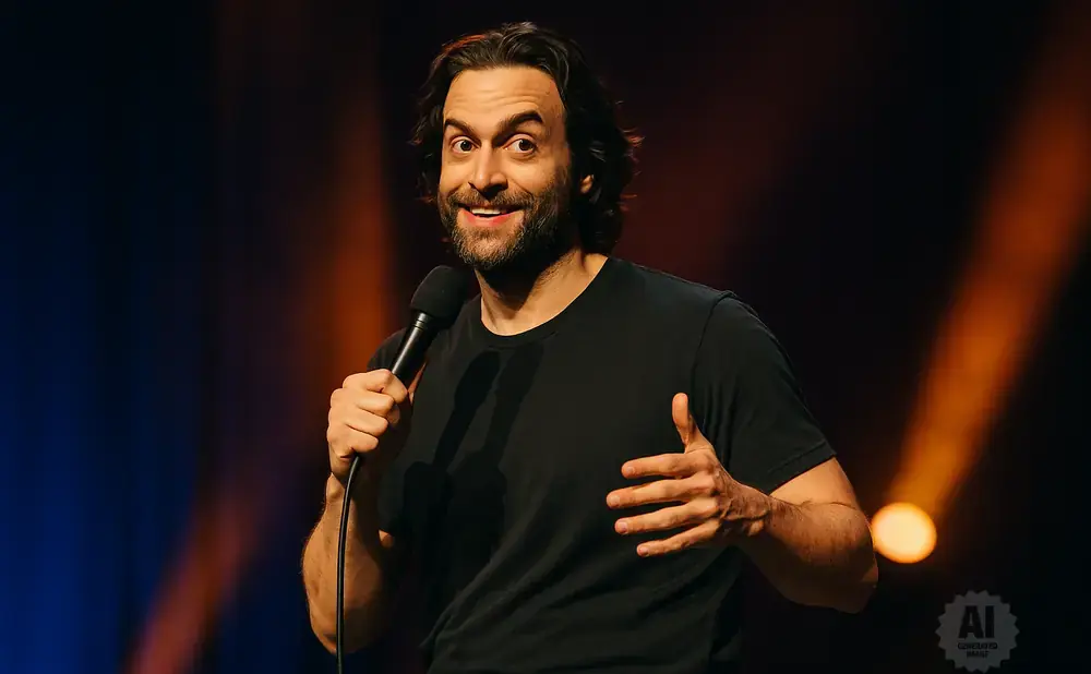 A comedian on stage holds a microphone and gestures with his hands while wearing a black t-shirt.