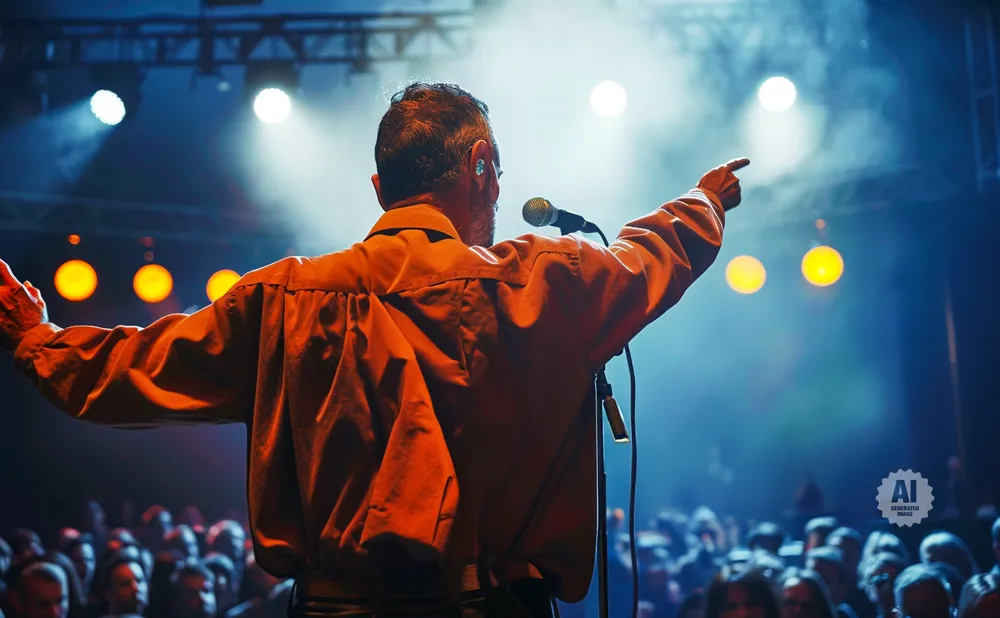 A performer on stage with arms outstretched, pointing towards the audience.