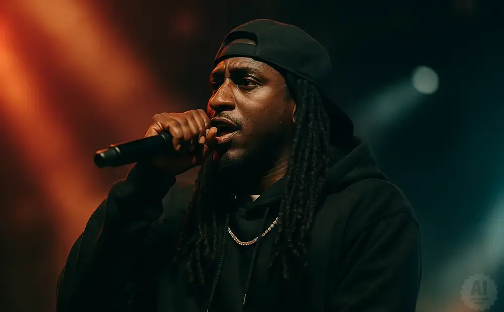 Rapper holding a microphone, wearing a black hoodie and baseball cap, with dreadlocks.